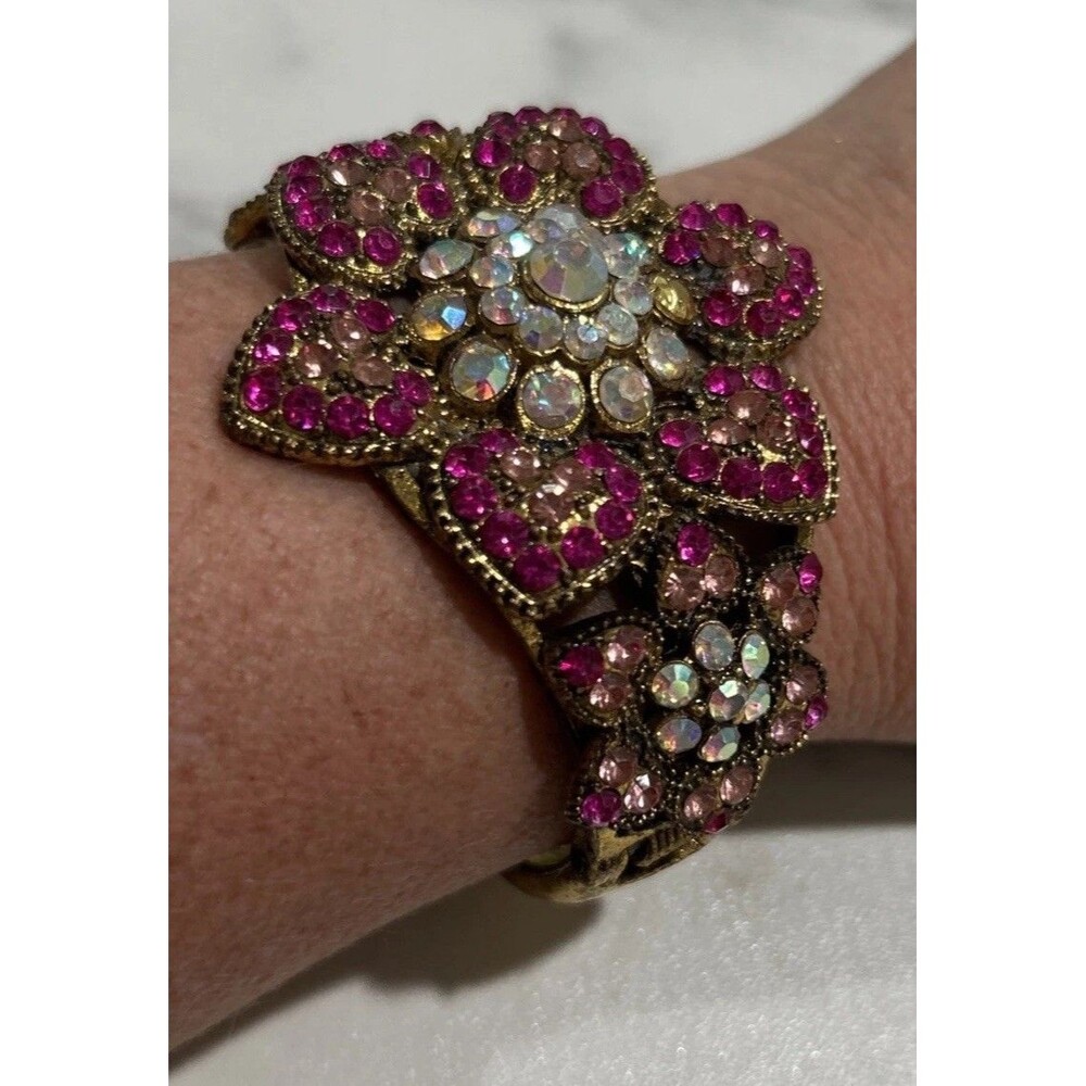 Vintage Statement Corsage Cuff Rhinestone Crystal Gem Fuscia Pink Prom Jewelry